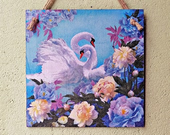 White swans wall hanging plaque, Swans in lake wooden sign, Blue kitchen wall decor, Country roses art, Farmhouse decor, Housewarming gift