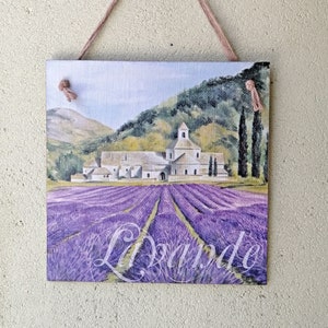 Purple lavender fields wall hanging plaque, Nature French Province Rustic Country side sign, Village house mountain view picture