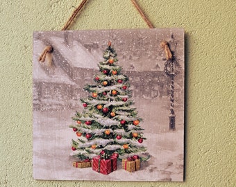 Christmas tree wall hanging, Winter Holiday decor, Housewarming gift, Wooden kitchen plaque, Kitchen signs, Decoupage