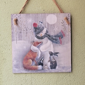 Snowman Christmas winter small wall sign, Snowy night forest animals fox rabbit bird badger wooden hanging plaque, County wall art