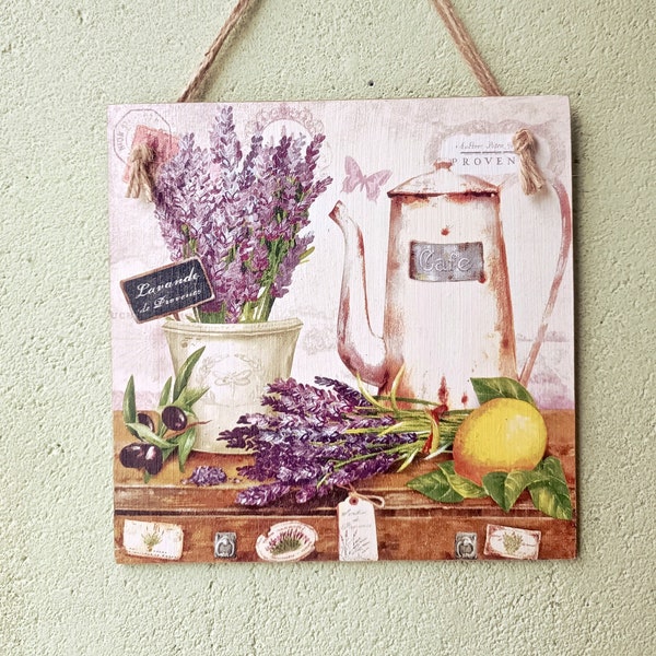 Wall hanging plaque/picture Purple Lavender in the jug/pots, Lemons sign, Olives art, Coffee teapot, Garden Summer country rustic sign