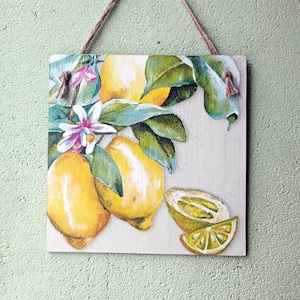 Letrero colgante de madera de flor de rama de limonero amarillo, arte de pared de cocina de limones, regalo de amante de la granja de campo, placa colgante rústica de cocina
