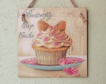 Butterfly Cupcake Wall Sign, Shabby Chic Kitchen Decor, Spring Pastel Dessert Art, Cottage Style Hanging Plaque, Decoupage wooden sign