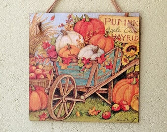 Wall hanging plaque/picture Autumn Fall Harvest Pumpkins Apple Wheelbarrow Rustic Farmhouse style Handmade Decoupage Home Farm decor