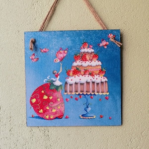Cake wooden hanging plaque, Bakery retro wall sign, Bakery wall art, Country wall decor, Cake art print, Cook lover gift, Decoupage