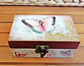 Butterfly lover gift Decoupage trinket storage Butterfly wooden keepsake box Pink and black jewelry box Butterfly art