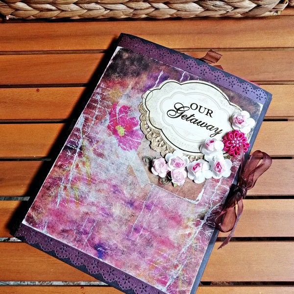 Paper mini photo album, Rustic pink blossom flowers Scrapbook keepsake notebook, Memory floral travel journal, Teen secret book