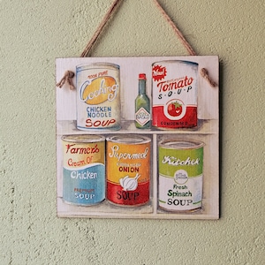 Canned food kitchen sign, Wooden hanging plaque, Retro style decor, Country wall decor, Farmhouse wall art, Decoupage art