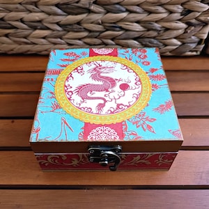 Chinese red dragon jewelry box, Chinese dragon decor, Blue keepsake box, Memory jewelry storage, Decoupage Jewellery  box