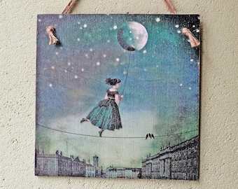 Wall art,Wall decor,Decoupage picture,Wood sign,Mystic moon,Moon art,Moon decor,Night sky decor,Night sky,Night Wall Art,Sky blue,Magic art