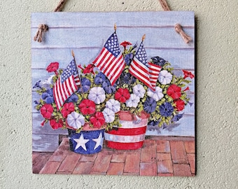 American flag wooden wall sign, USA patriotic hanging plaque, Blue White Red flowers in pots Kitchen wall decor, Country decor picture