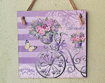 French country decor, Lavender wall hanging plaque, Bicycle wall kitchen sign, Purple country wooden decor, Farmhouse wall art, Decoupage