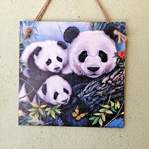 Panda bear family wall hanging plaque/sign, Wooden wild animals picture, Panda lover gift, Nursery wall art