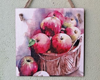 Wall hanging plaque/sign Red apples in basket Country Fall Rustic wooden picture Apples Garden Kitchen decoupage decor Fruit village art