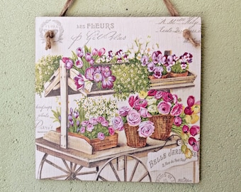 French rustic pink roses flower pots wooden wall hanging plaque/picture, Kitchen sign, Country wall art, Housewarming gift, Farmhouse