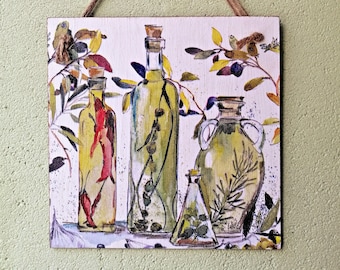 May include: A square wooden wall hanging with a watercolor painting of four glass bottles filled with herbs and spices. The bottles are arranged in a row, with the largest bottle on the right and the smallest bottle on the left. The bottles are all clear glass and have a variety of herbs and spices inside, including rosemary, thyme, and chili peppers.