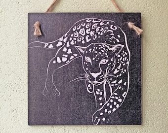 Black Leopard Wall Art, Minimalist Animal Decor, Boho Jungle Wall Hanging, Modern Safari Decor, Panther Line Art wooden decoupage Sign
