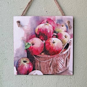 Tabliczka/znak do powieszenia na ścianie Czerwone jabłka w koszyku Wiejski jesienny obraz z drewna Jabłka Ogród Kuchnia Wystrój decoupage'u Sztuka wioski owocowej