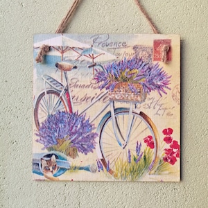 Plaque/image murale Provence française Vélo Panier de fleurs Lavande Plage Cadeau fait main Décor