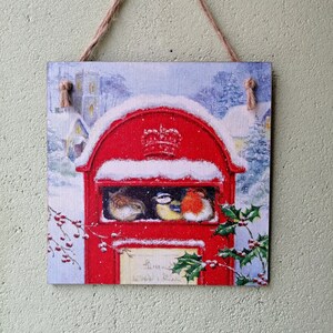 Targa/immagine da appendere al muro Natale nevoso Inverno Rosso scatola postale segno uccelli, arte regalo decoupage cucina in legno di Natale country, piccolo regalo