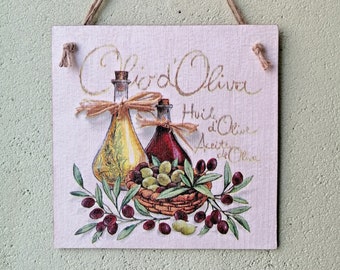 Arte mural rústico mediterráneo con aceite de oliva, decoración de cocina italiana, rama de olivo para colgar en la pared, letrero de casa de campo toscana, decoración mediterránea para el hogar.