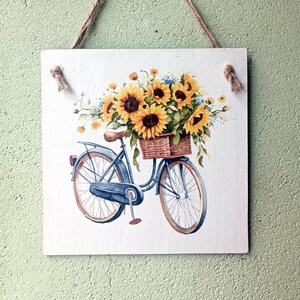 Sunflower basket bicycle gift wall sign, Sunflower wooden kitchen hanging plaque , Country rustic Farmhouse decoration, Sunflower bouquet