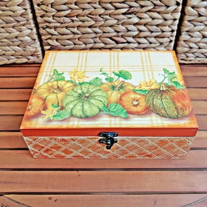 Big wooden pumpkins kitchen storage box, Orange Fall kitchen decor, Country home art, Autumn farmhouse decoupage art, Housewarming gift