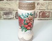 Red flowers Glass Container Vase, Rustic Mason Jar Decor, Utensil Holder, Tissue Holder, Upcycled glass jar decoupage eco - friendly