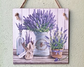 Wall hanging plaque/picture Lavender in the jug/pots Bee Herbs garden Summer Purple country rustic sign