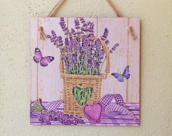 Lavender Basket Wall Sign, French Provence Plaque, Rustic Farmhouse Wall Hanging, Purple Floral Kitchen Decor, Cottage Style Home Accent