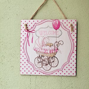 Pink nursery hanging plaque, Nursery wall decor, Baby girl room wooden wall art, Child room sign, Welcome baby sign, decoupage
