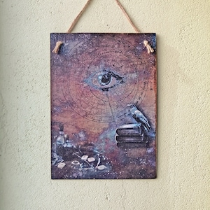 Witchcraft wall hanging plaque, Witchy wall sign, Wooden wall hangings, Gothic art, Magic spell decor, Spooky Halloween poster, Raven Crow