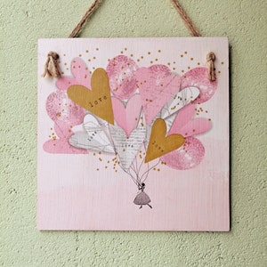 Love balloons wall hanging, Pink wooden sign, Love art decor, Kitchen wall decor, Country wall art, Housewarming gift, Decoupage