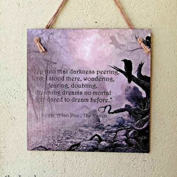 Cartel de Edgar Allan Poe "El Cuervo", arte mural gótico de cuervos, placa de madera para colgar en la pared, regalo literario, regalo para amantes de los libros, regalo para enamorados