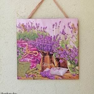 Wooden Wall hanging plaque/picture Purple Lavender in the jug/pots garden decor Summer Bloom Sign watering can Decoupage art