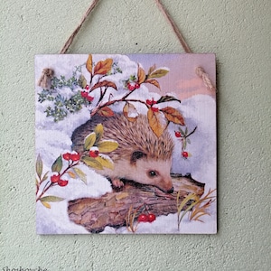 Targa/immagine da appendere al muro Riccio nella foresta innevata, cespugli di rosa canina, decorazione natalizia invernale, decorazione da parete per cucina, regalo di Natale