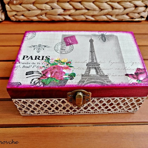 Paris memory wooden box, Eiffel tower jewelry box, Shabby chic decor, French country decor, Keepsake secret box, Decoupage box, Paris decor