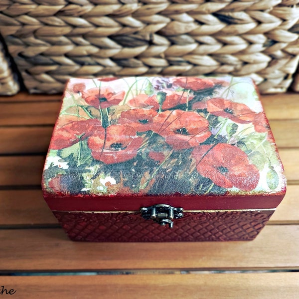 Boîte à souvenirs de coquelicot rouge, boîte en bois de pays de fleurs sauvages, stockage de découpage de coquelicot, décor de pays et de ferme, boîte à bijoux