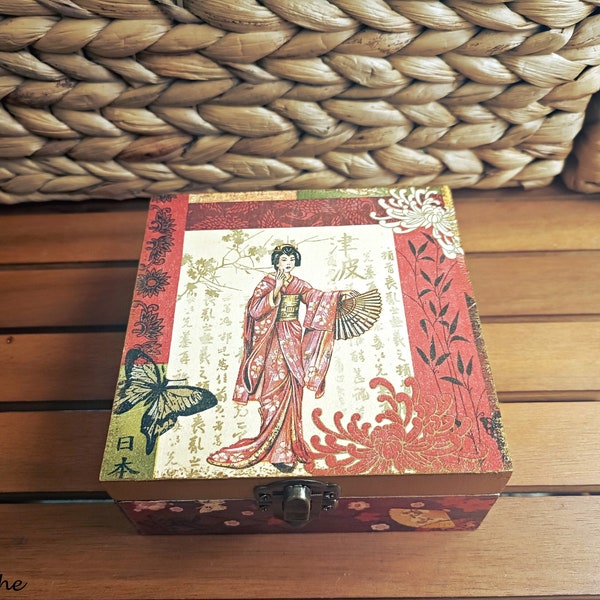 Geisha japanische Schmuckschatulle aus Holz, japanisches Dekor, rote Andenkenschatulle, Memory-Schmuckaufbewahrung, Decoupage Schmuckschatulle