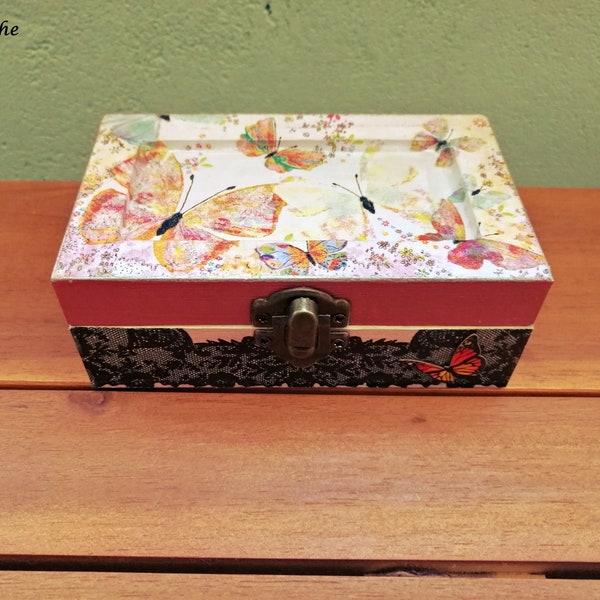 Butterfly wooden keepsake box, Pink and black jewelry box, Butterfly art, Decoupage trinket storage, Butterfly lover gift