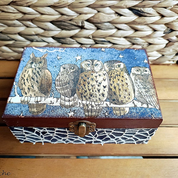 Boîte à souvenirs en bois hibou, boîte de servitude oiseaux de nuit, décoration de hibou, art de hibou, cadeau pour les amateurs de hibou, boîte de souvenir, boîte à bibelots, cadeau meilleur ami