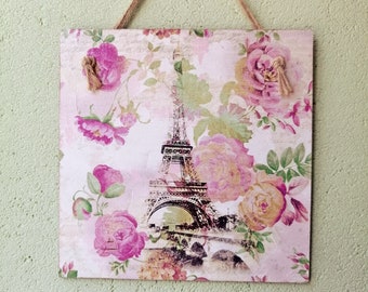 French country decor, Paris Wall hanging plaque, Eiffel Tower wooden signs, ,Decoupage art, Kitchen wall decor, French style decor