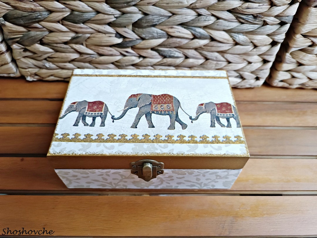 Handcrafted Wooden Box With Elephants, Jewelry or Keepsake Box, Indian ...