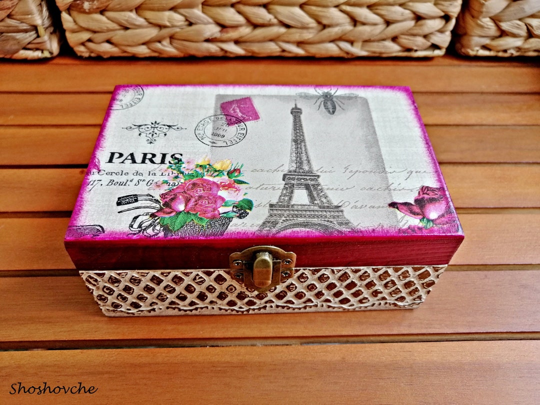 Paris Memory Wooden Box, Eiffel Tower Jewelry Box, Shabby Chic Decor, French Country Decor