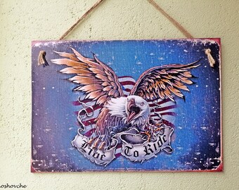 American Eagle Biker Wall Art, patriottisch USA decor, motorrijder cadeau, rustiek Americana man Cave decor, Freedom Eagle houten garage teken