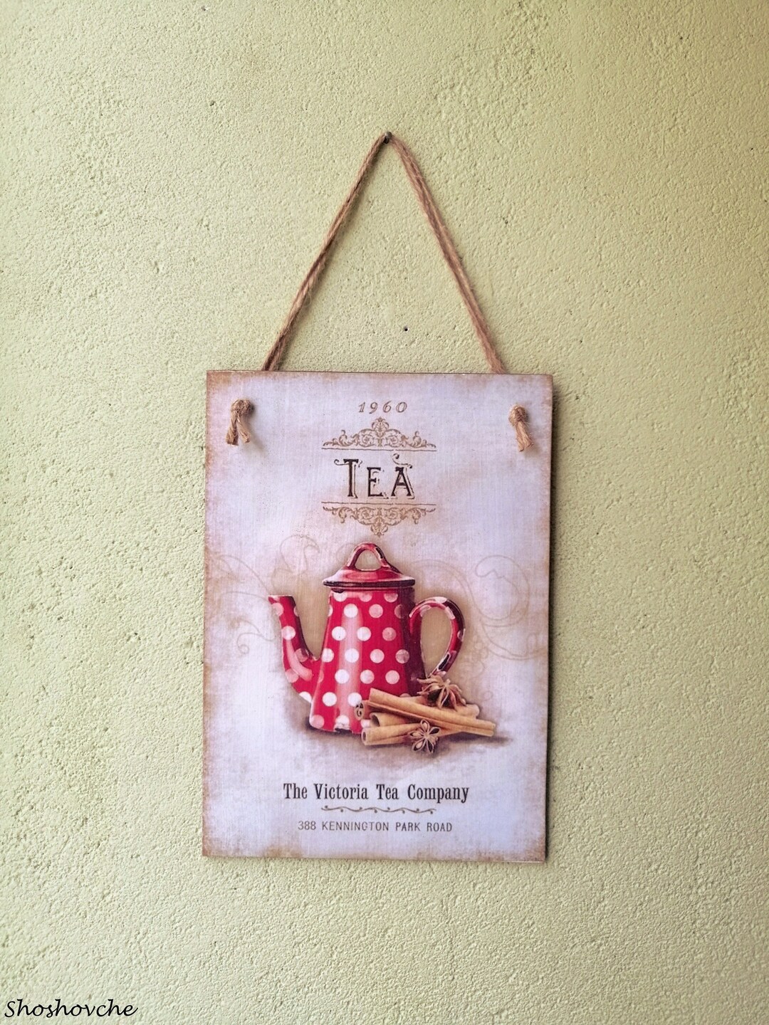 Wall Hanging Plaque/picture Rustic Tea Wooden Sign Red Kettle Pot ...