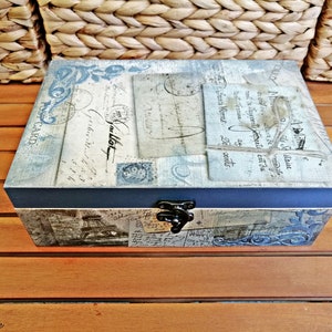 Grußkarten Hochzeit Holzbox, Briefe und Fotos Erinnerungsbox, Große Aufbewahrungsbox aus Holz, Blaue Schmuckschatulle, Decoupage Kunst
