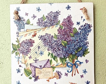 Lilac Flower Wall Sign, Decoupage Farmhouse Cottage Decor