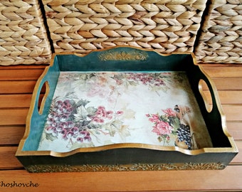 Grapes and Flowers wooden rustic tray, Green Country kitchen farmhouse art, Decoupage serving tray