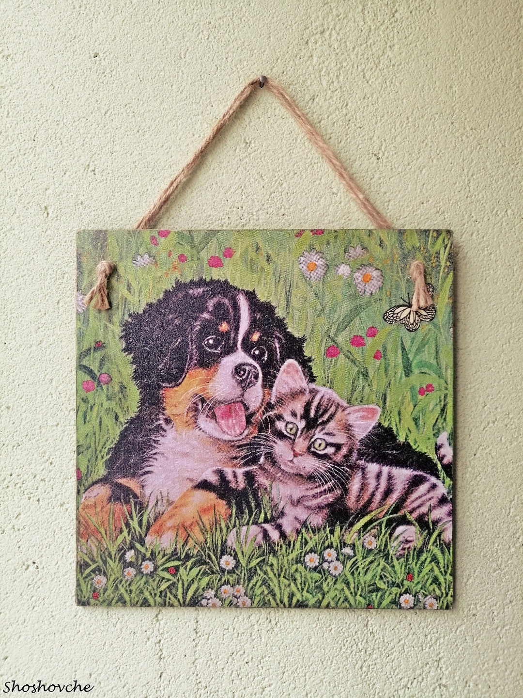 Cats and Dogs Art Print, Cat and Dog Lover Gift, Wooden Kitchen Sign